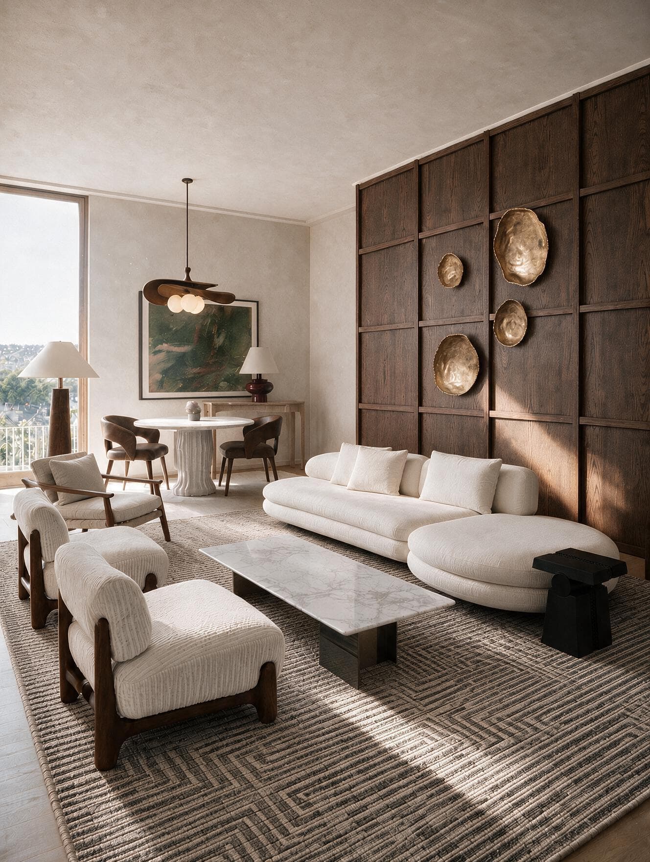 Modern living room with textured rug, sculptural furniture and warm wood paneling