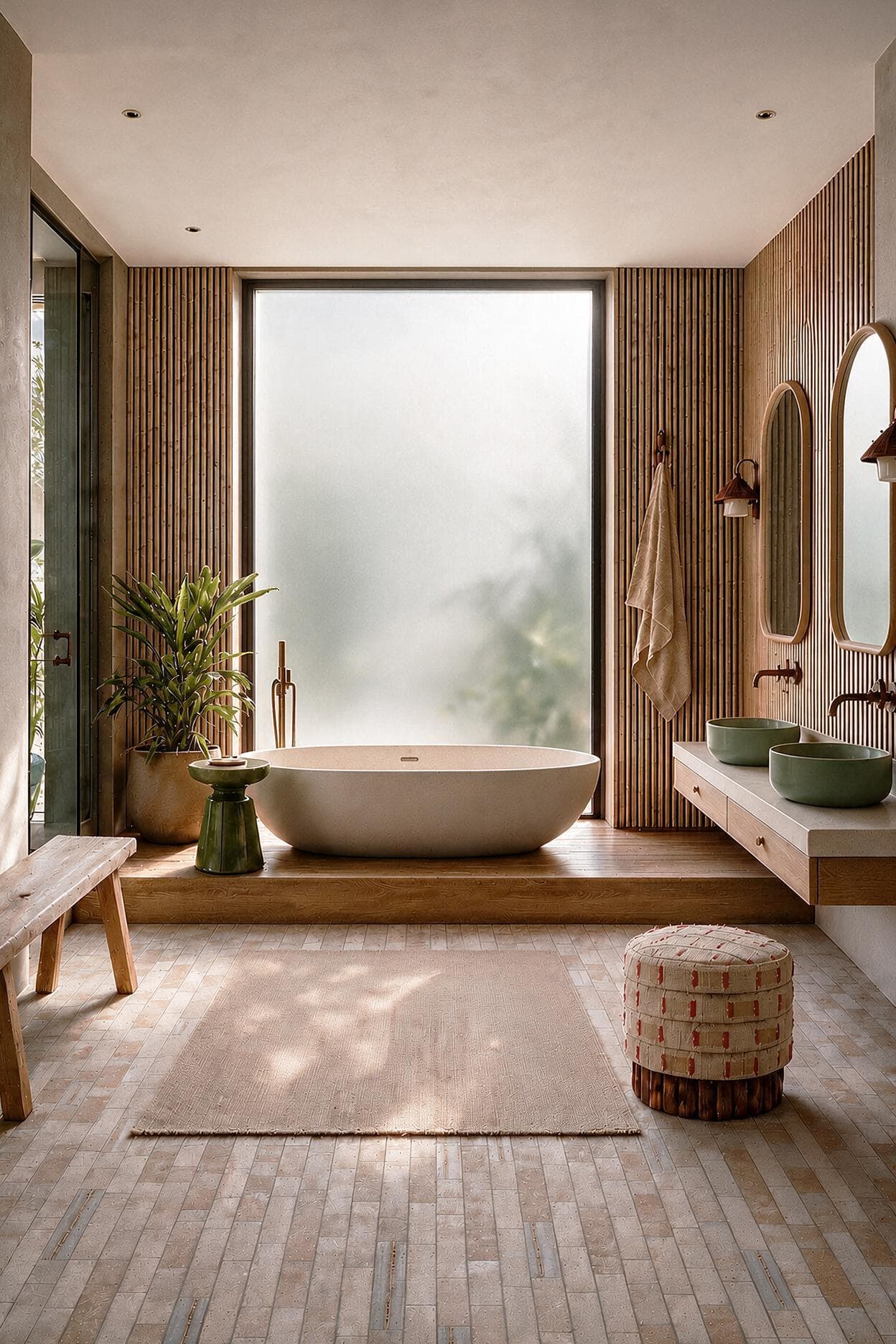 Serene bathroom featuring natural materials, vertical wood slats and sculptural freestanding bath
